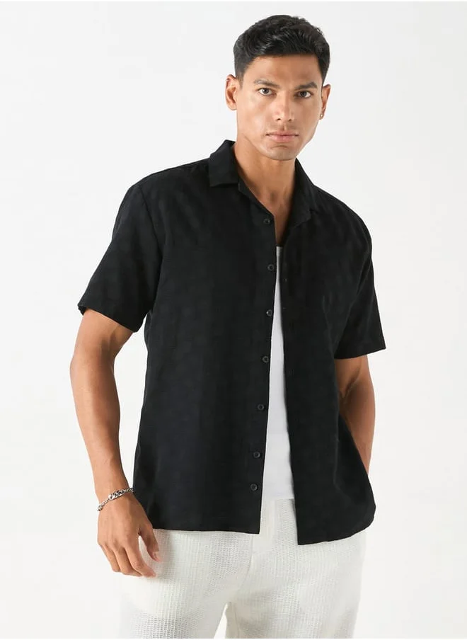 Iconic Iconic Regular Fit Textured Shirt with Camp Collar and Short Sleeves