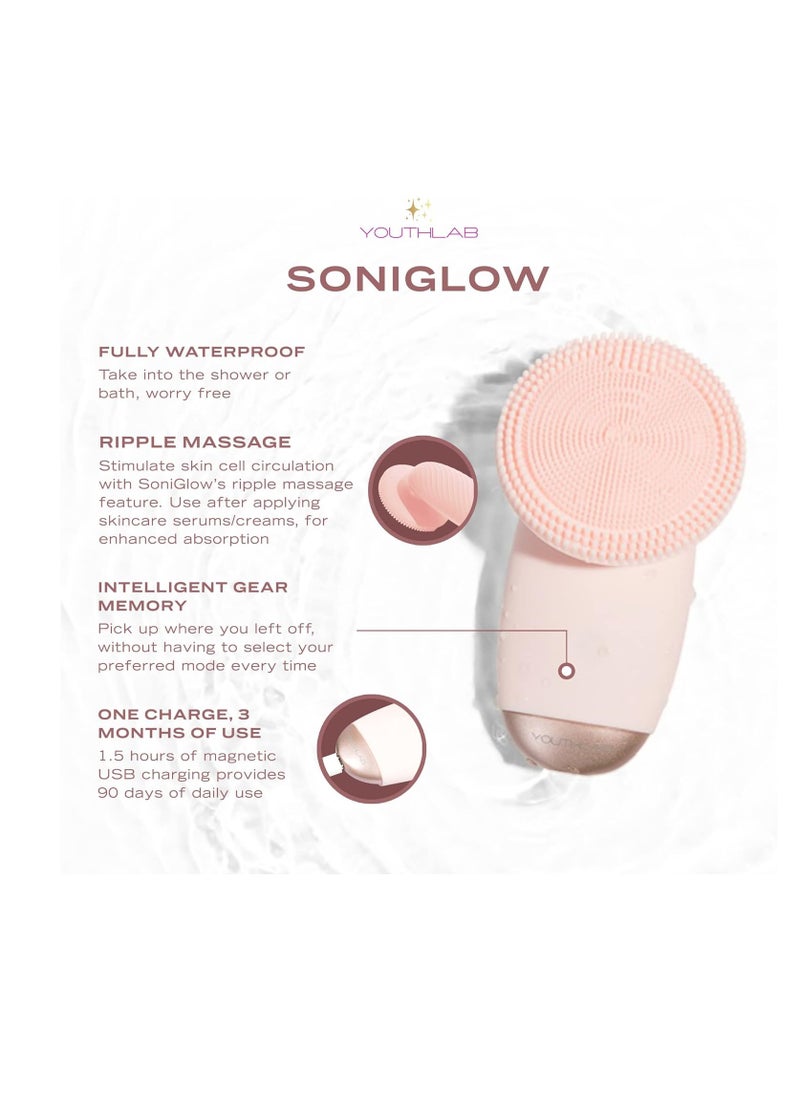 YouthLab YouthLab SoniGlow, Pink, Silicone Facial Skin Cleansing Brush, Electric, Vibrating, Scrubber, Hygienic, Exfoliation, Massage, Firm, Tone, Blackheads, Pores, Waterproof, Rechargeable, Makeup Removal  - Image 3