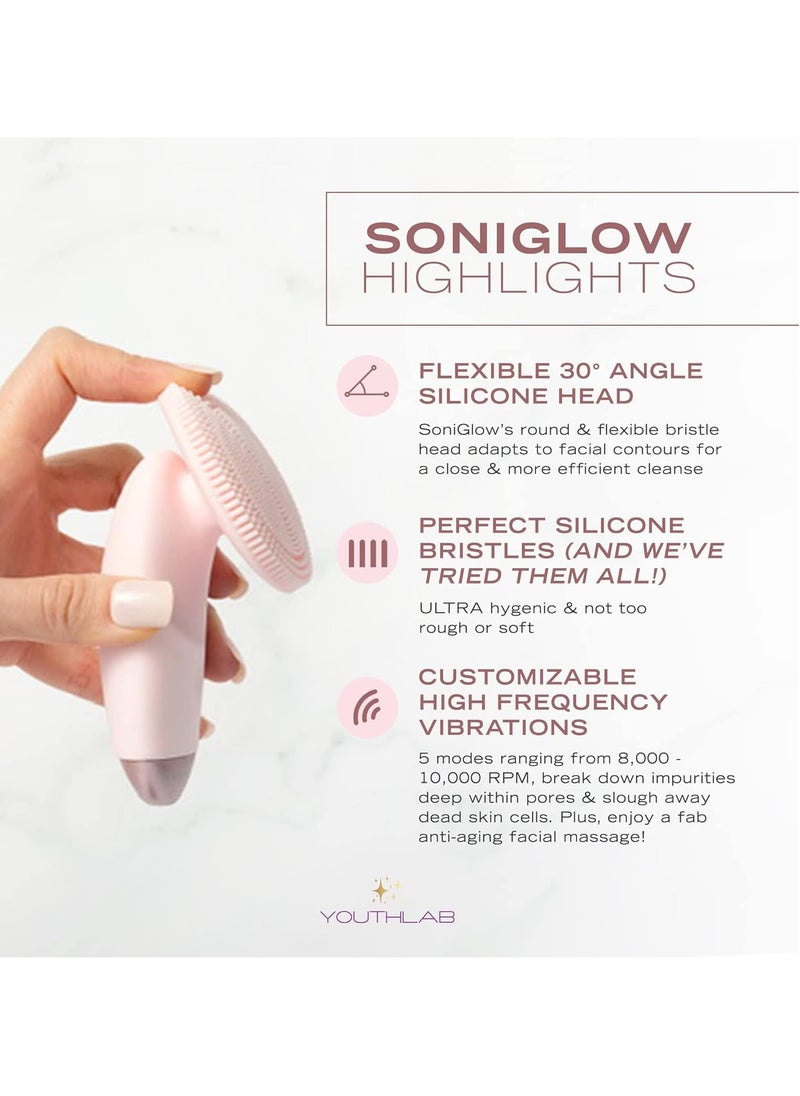 YouthLab YouthLab SoniGlow, Pink, Silicone Facial Skin Cleansing Brush, Electric, Vibrating, Scrubber, Hygienic, Exfoliation, Massage, Firm, Tone, Blackheads, Pores, Waterproof, Rechargeable, Makeup Removal  - Image 5