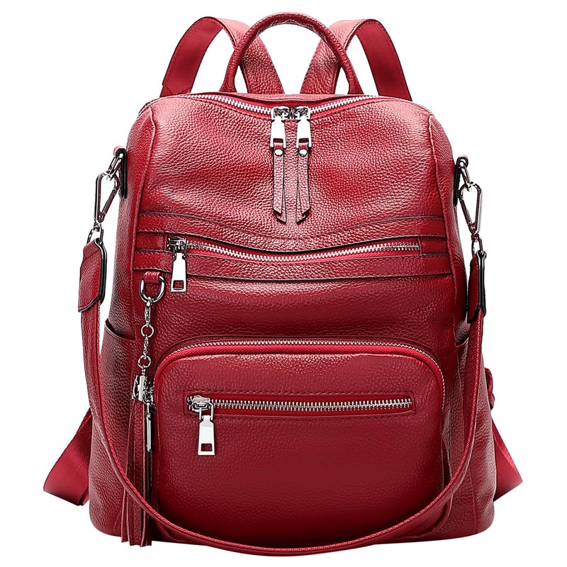 ALTOSY Genuine Leather Backpack Purse for Women Large Shoulder Bag With Laptop Compartment Multiple PocketsS106 Red