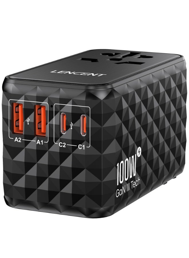 LENCENT Universal Travel Adapter, 100W GaN3 International Adaptor with 2 QC4.0 USB-A+2 PD3.0 Type-C PPS Fast Charging, Worldwide Wall Charger for iPhone,Tablets,Laptop, Plug Adapter USA/UK/EU/AU Black - Image 1