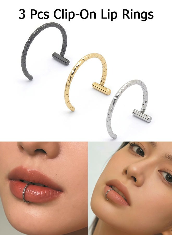 Wffo 3Pcs Clip-On Lip Rings - C-Shaped Lip Accessories - Stainless Steel Lip Rings - Spiral Lip Rings - Non-Piercing Jewelry - Can Be Used for Nose Rings or Clip-On Cartilage/Helix Earrings - 3 Colors - Image 1