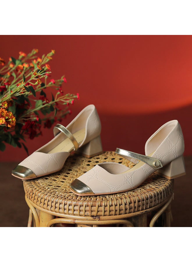 Source Customized French Retro One-word Buckle With Color Matching Thick Heel Mary Jane Shoes 3321-2