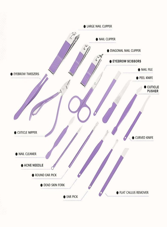 BSITFOW Manicure Set Professional Nail Clippers Pedicure Kit, 16 pcs Stainless Steel Nail Care Tools Grooming Kit with Luxurious Travel Leather Case for Thick Nails Men Women Gift (Purple) - Image 3
