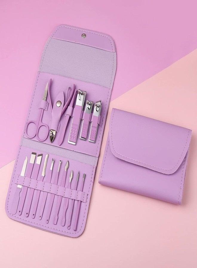 BSITFOW Manicure Set Professional Nail Clippers Pedicure Kit, 16 pcs Stainless Steel Nail Care Tools Grooming Kit with Luxurious Travel Leather Case for Thick Nails Men Women Gift (Purple) - Image 1
