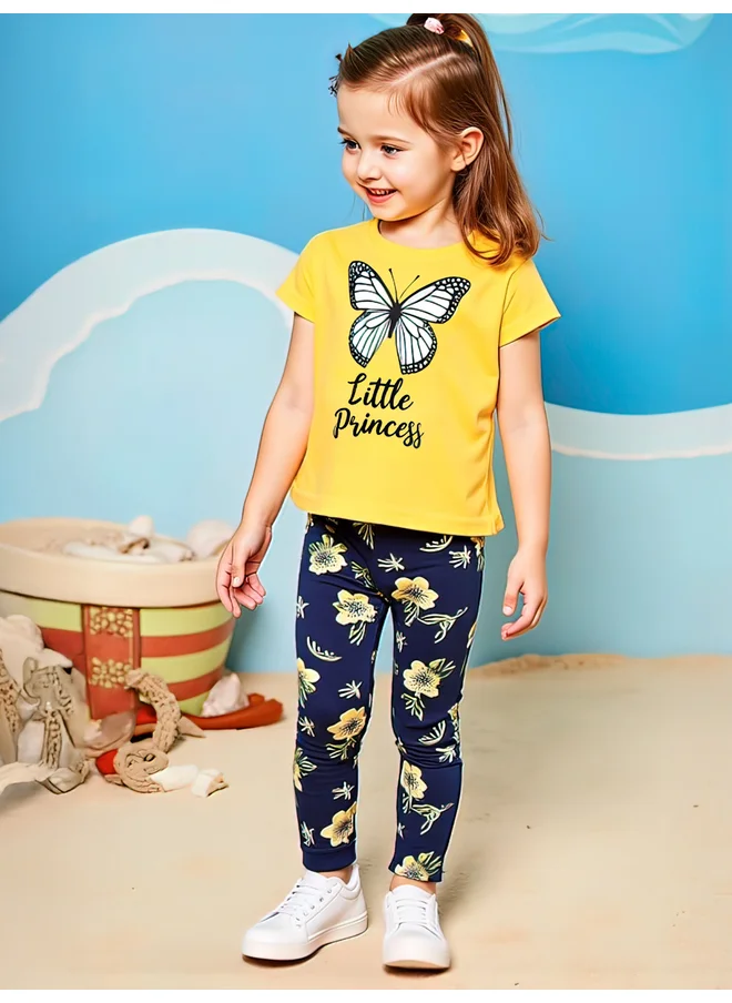 تايك تو Take Two Kids 2pcs Graphic Print Short Sleeve T-Shirt and Flora Print Leggings