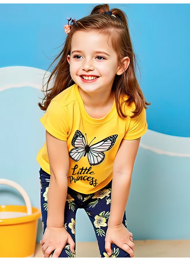 تايك تو Take Two Kids 2pcs Graphic Print Short Sleeve T-Shirt and Flora Print Leggings