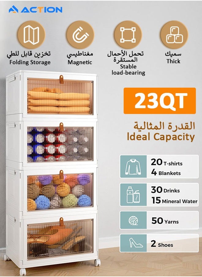 ACTION - Storage Boxes with Lid, Plastic Storage Boxes with 1 Lid 23L/Tier, 4-Tier Stackable Bins with Wheels, Folding StorageBins, Storage Organizer for Bedroom Living Room Study Office - Image 1