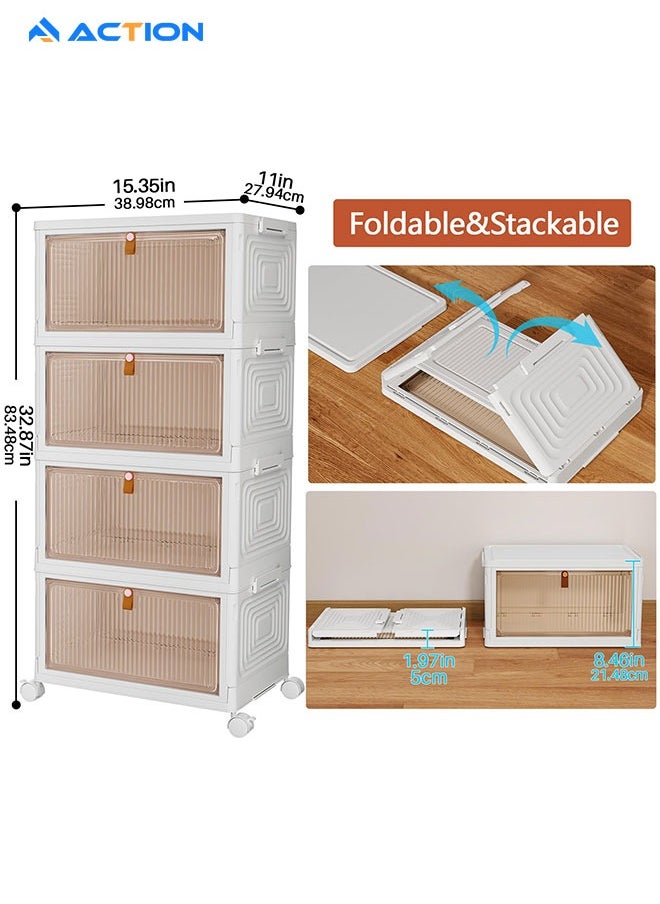 ACTION - Storage Boxes with Lid, Plastic Storage Boxes with 1 Lid 23L/Tier, 4-Tier Stackable Bins with Wheels, Folding StorageBins, Storage Organizer for Bedroom Living Room Study Office - Image 1