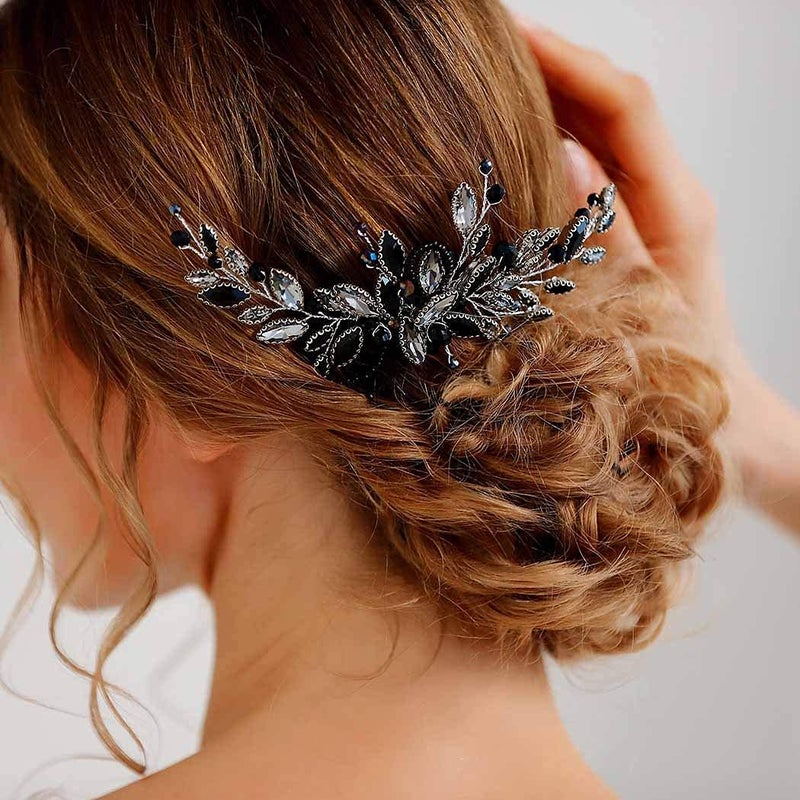 Brishow Black Rhinestone Hair Comb with Silver Base, Crystal Hair Accessory for Wedding Guests (Black & Silver) - Image 3