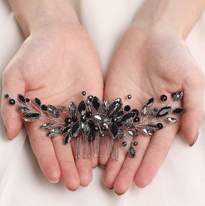 Brishow Black Rhinestone Hair Comb with Silver Base, Crystal Hair Accessory for Wedding Guests (Black & Silver) - Image 5