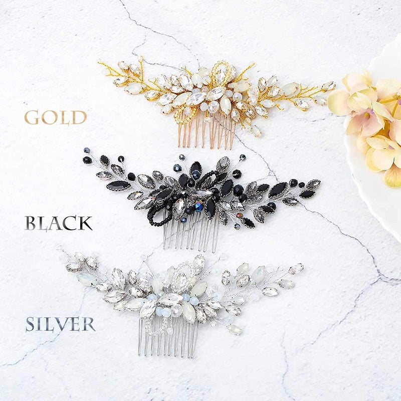 Brishow Black Rhinestone Hair Comb with Silver Base, Crystal Hair Accessory for Wedding Guests (Black & Silver) - Image 4