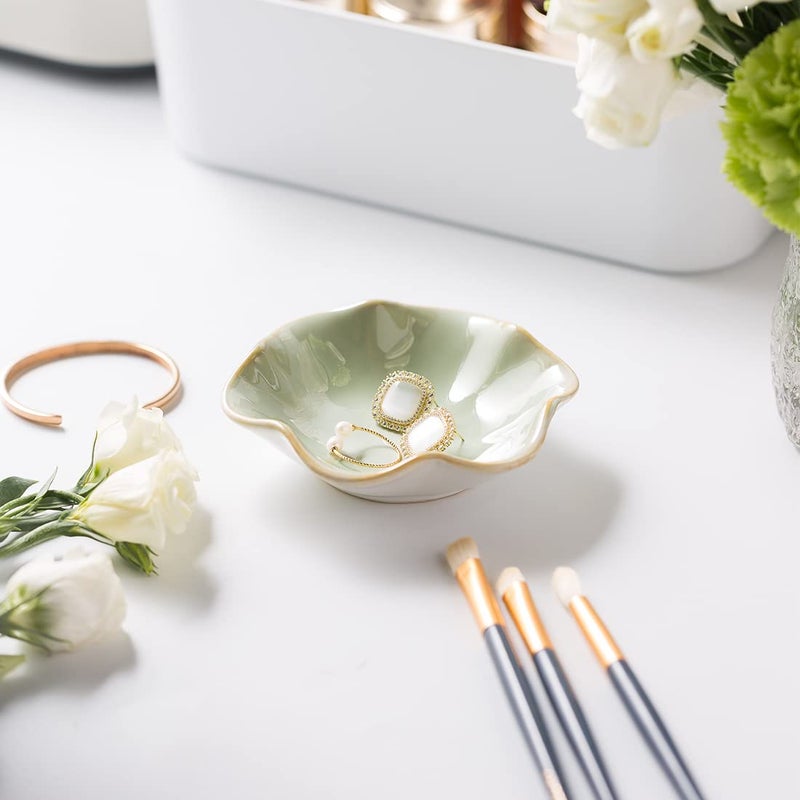 Mecaikru Ceramic Trinket Dish, Ring Tray, Decorative Jewelry Dish for Earrings Necklaces Watch Keys, for Women, White Green - Image 4