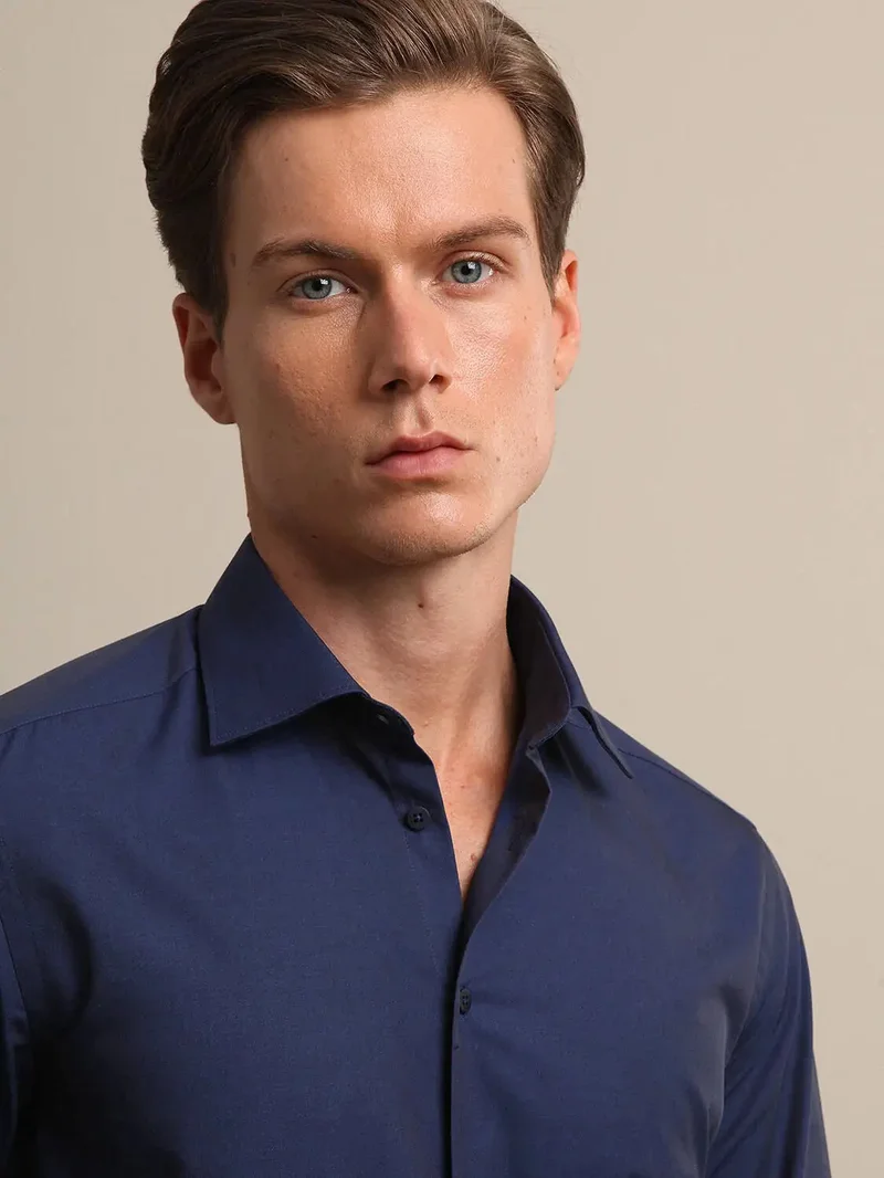 Kip Navy Blue Plain Slim Fit Weaving Classical Cotton Blended Shirt