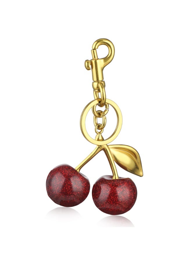 Cherry Keychain Bag Charm, Red Glitter Resin & Gold Metal, 12.4cm with Rotating Clasp - Image 1