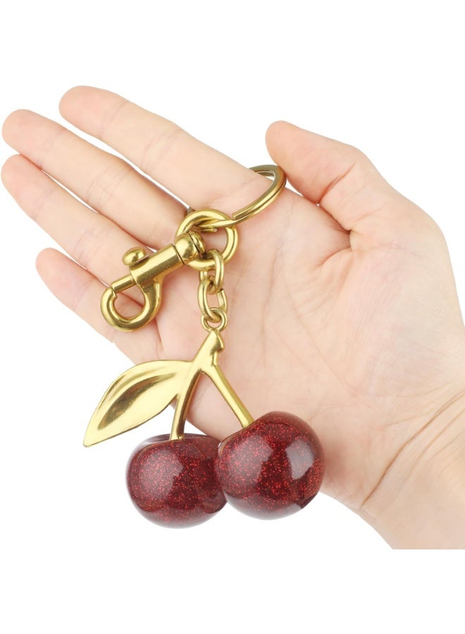 Cherry Keychain Bag Charm, Red Glitter Resin & Gold Metal, 12.4cm with Rotating Clasp - Image 3