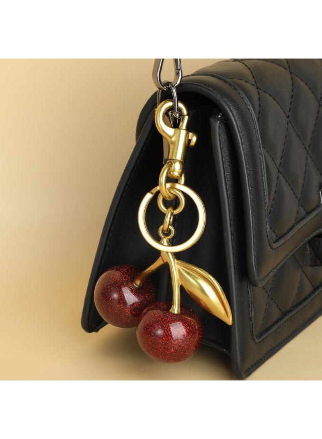 Cherry Keychain Bag Charm, Red Glitter Resin & Gold Metal, 12.4cm with Rotating Clasp - Image 4