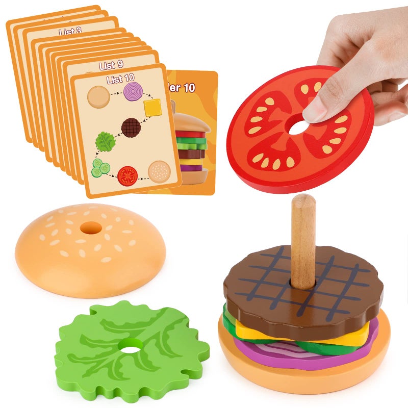 Aizweb Montessori Toys for 3 Year Old Wooden Burger Stacking Toys for Toddlers and Kids Preschool Educational Toys Fine Motor Skill Toy Blocks for Toddlers Learning Toys - Image 3