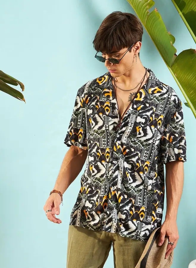 PRASHA Men Grey & Black Conversational Print Relax Fit Shirt