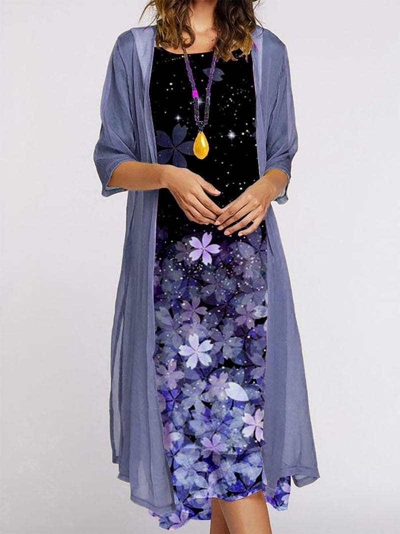 2021 European and American Amazon summer new womens long dress two-piece set flowers and plants printed round neck dress coat for women Flower Blue