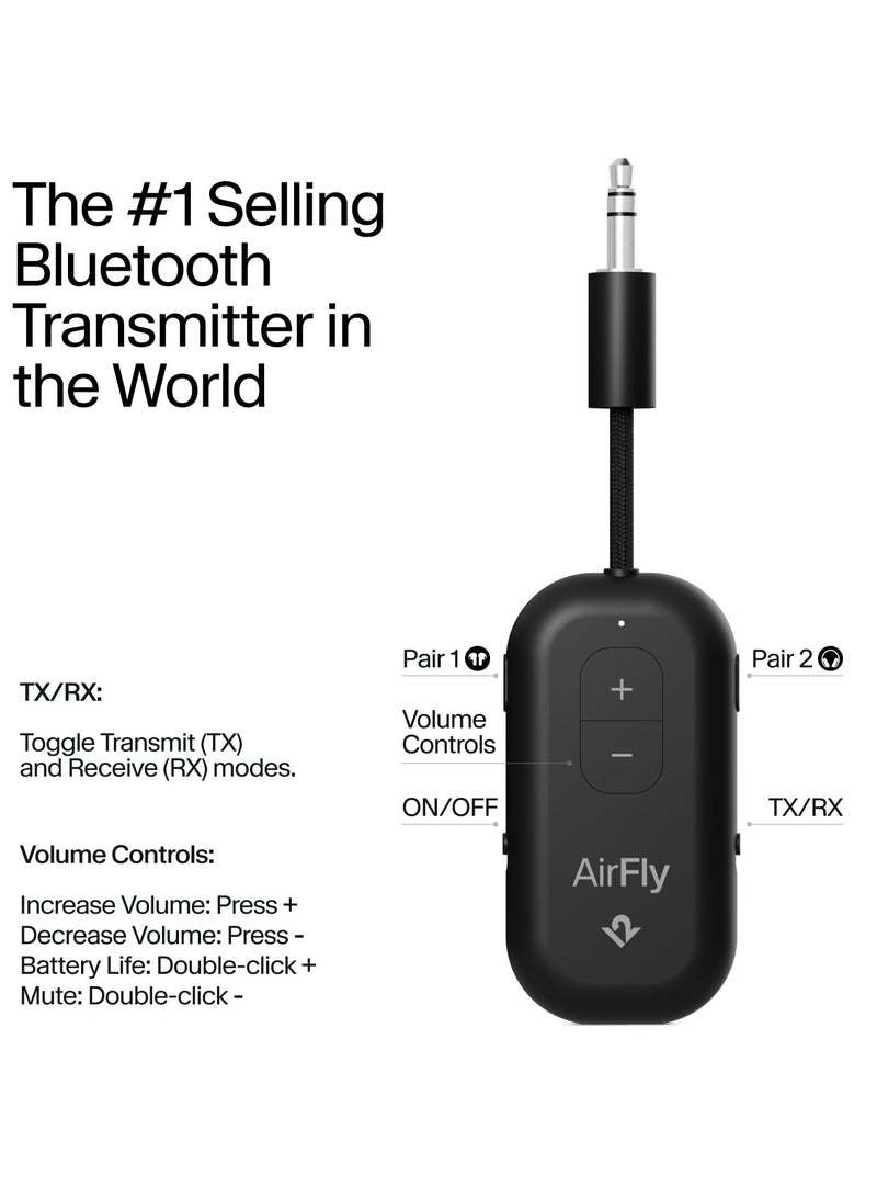twelve south Airfly PRO 2 Bluetooth Transmitter & Receiver | 2x Device Connection, Volume Control, 25+Hrs Playtime, for In-Flight Console,TVs, Works w/ Apple Airpods & All Bluetooth Headphones - Black - Image 2