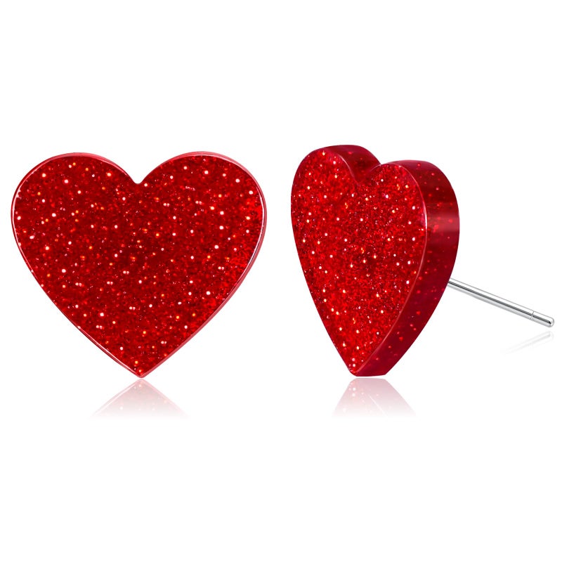 yfstyle Valentines Small Pink Heart Earring Studs Acrylic Glitter Minimalist Heart Earrings Red for Women Valentines Lover Jewelry Gifts Red - Image 1