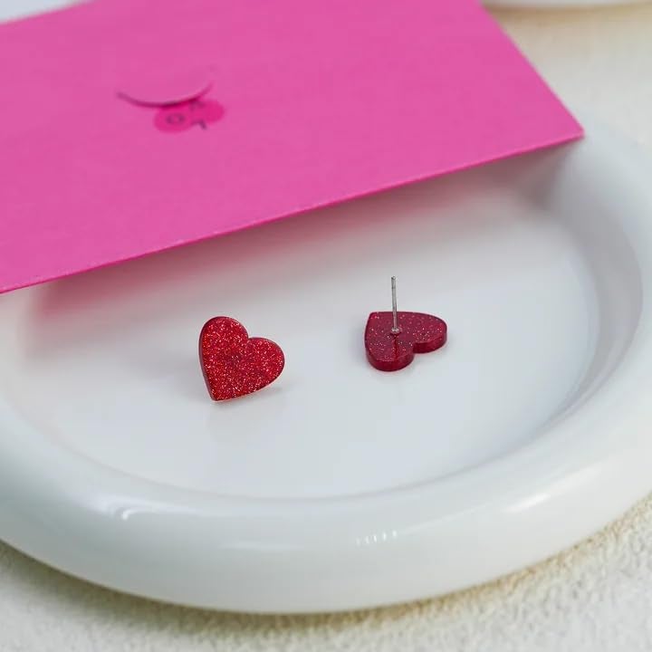 yfstyle Valentines Small Pink Heart Earring Studs Acrylic Glitter Minimalist Heart Earrings Red for Women Valentines Lover Jewelry Gifts Red - Image 5