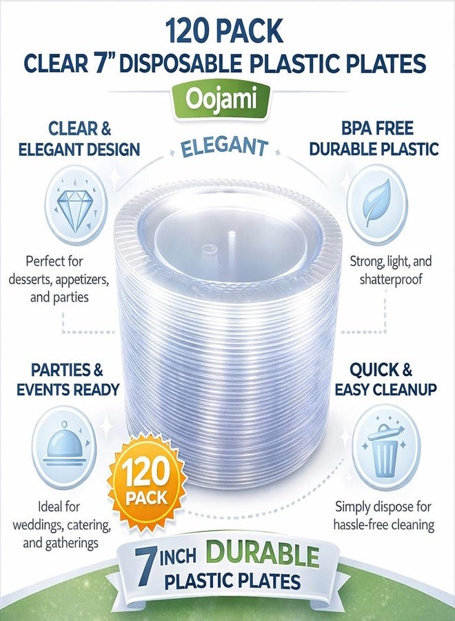 Oojami 120 Pack 7 Inch Clear Plastic Dessert Plates Disposable - Heavy Duty BPA-Free Cake Appetizer Salad for Party, Wedding, Birthday, Catering - Bulk Clear Disposable Dinnerware - Image 2
