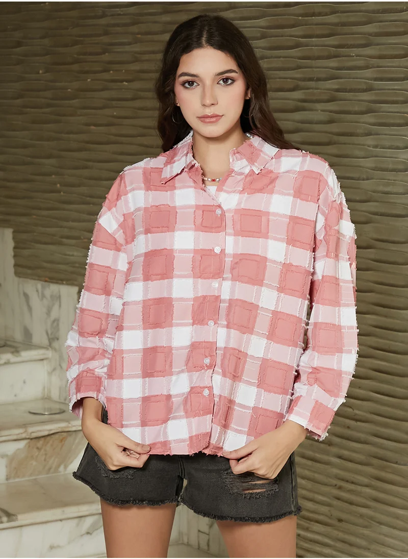 Campus Sutra Women's Salmon Pink & Daisy White Distressed Buffalo-Check Oversized Shirt