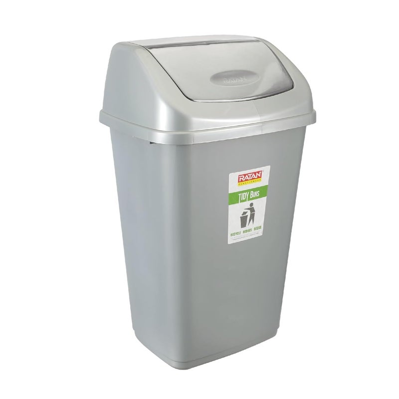 RATAN PLASTICWARE سلة القمامة البلاستيكية راتان مع غطاء متأرجح سعة 25 لتر سلة نفايات منزلية للحمام المطبخ المكتب غرفة النوم لون رمادي - Image 2