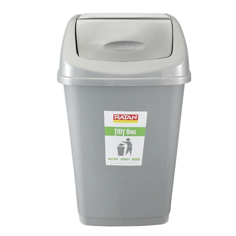RATAN PLASTICWARE سلة القمامة البلاستيكية راتان مع غطاء متأرجح سعة 25 لتر سلة نفايات منزلية للحمام المطبخ المكتب غرفة النوم لون رمادي - Image 1