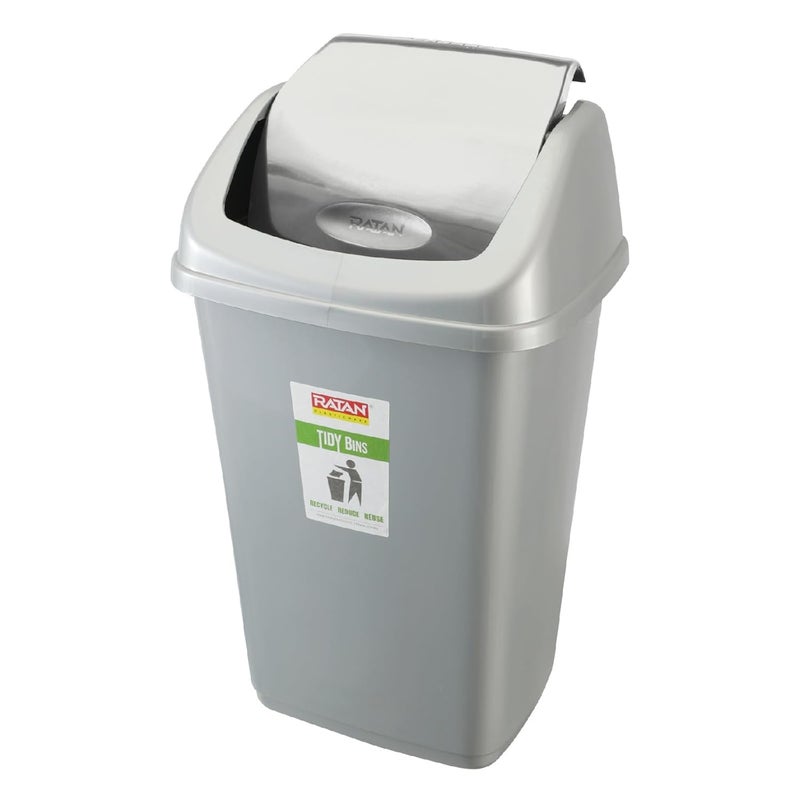 RATAN PLASTICWARE سلة القمامة البلاستيكية راتان مع غطاء متأرجح سعة 25 لتر سلة نفايات منزلية للحمام المطبخ المكتب غرفة النوم لون رمادي - Image 3