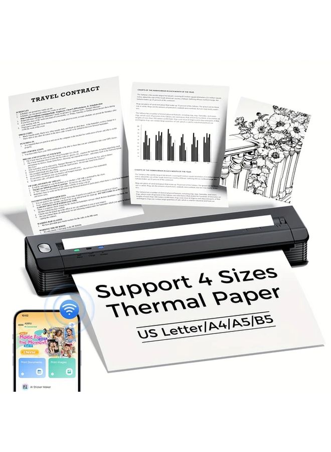 Portable Wireless Thermal Printer Black 1 Printer Plus 10 Sheets A4 Paper For Android IOS Laptop Mobile Office Travel Business - Image 1