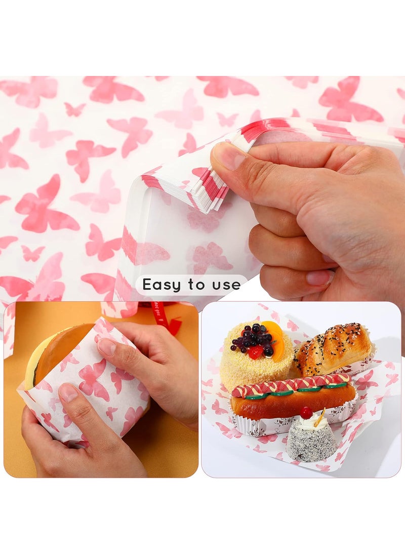 Epakh 150 Pcs Wax Paper Sheets for Food Butterfly Deli Baking Wrapping Wax Paper Sheets Greaseproof Printed Picnic Wrap Tissue for Hamburger Basket Sandwich Holiday Birthday Party DessertPink  - Image 5