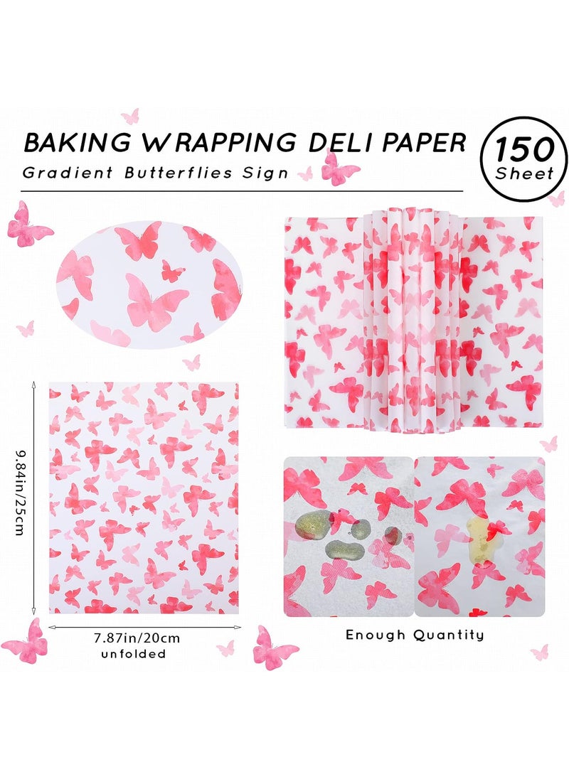 Epakh 150 Pcs Wax Paper Sheets for Food Butterfly Deli Baking Wrapping Wax Paper Sheets Greaseproof Printed Picnic Wrap Tissue for Hamburger Basket Sandwich Holiday Birthday Party DessertPink  - Image 2