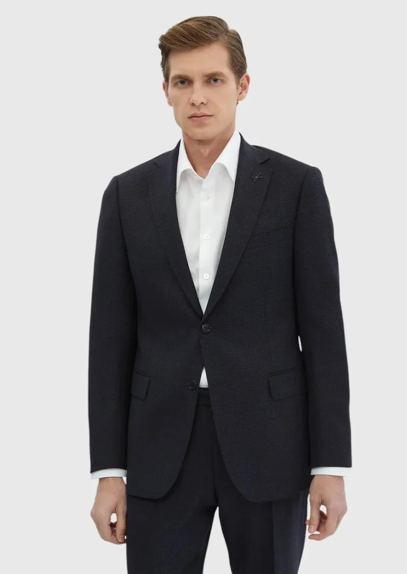 RAMSEY Navy Blue Patterned Regular Fit 100% Wool Suit