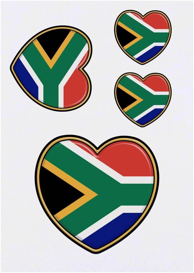 4 x South Africa Flag Heart Temporary Tattoos Water Resistant SkinSafe NonToxic Transfers Mixed Sizes TO00062770