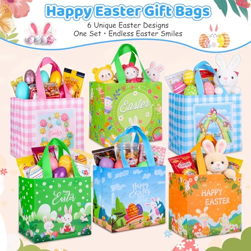 QOIUSO 6 Pack Easter Gift Bags with Handle – Reusable Non Woven Easter's Day Tote Treat Bags for Kids – Large Bunny Rabbit Happy Easter Bags for Egg Hunt, Treats, Gifts and Classroom Party Favors - Image 3