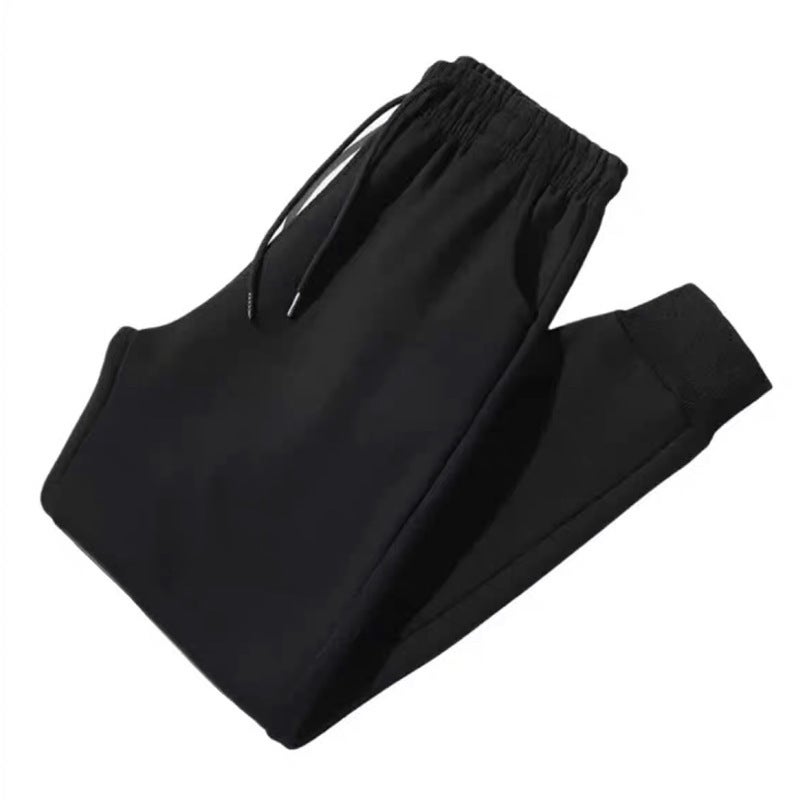 Mens Winter Cotton Fleece-Lined Warm Casual Pants Pure black ankle-tied pants (ordinary thin) 