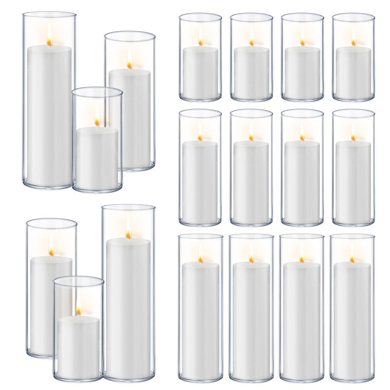 Homjoy 36 PCS White Pillar Candles with Glass Candle Holders Clear Hurricane Candle Holders Glass Cylinder Vases for Centerpieces Wedding Party, Event, Home Office (18 Candles+18 Candle Hoders) - Image 1