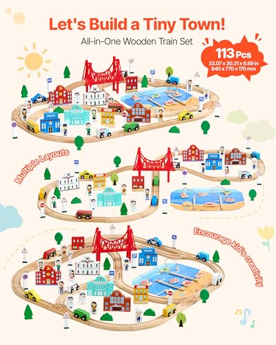 VEVOR 113PCS Wooden Train Set for Kids Ages 38 Wood Train Track Toy with Storage Box City Scene Railway Playset Compatible with Major Brands Christmas Birthday Toy for Toddlers Boys and Girls - Image 5