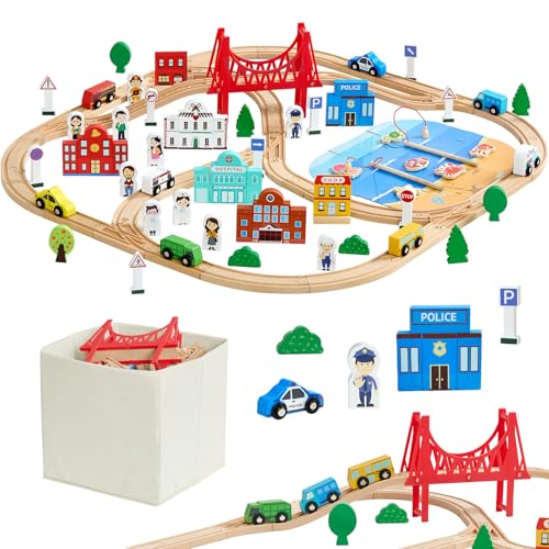 VEVOR 113PCS Wooden Train Set for Kids Ages 38 Wood Train Track Toy with Storage Box City Scene Railway Playset Compatible with Major Brands Christmas Birthday Toy for Toddlers Boys and Girls - Image 1