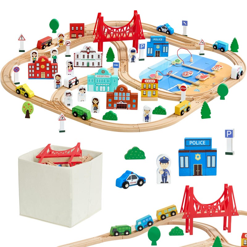 VEVOR 113PCS Wooden Train Set for Kids Ages 38 Wood Train Track Toy with Storage Box City Scene Railway Playset Compatible with Major Brands Christmas Birthday Toy for Toddlers Boys and Girls - Image 3