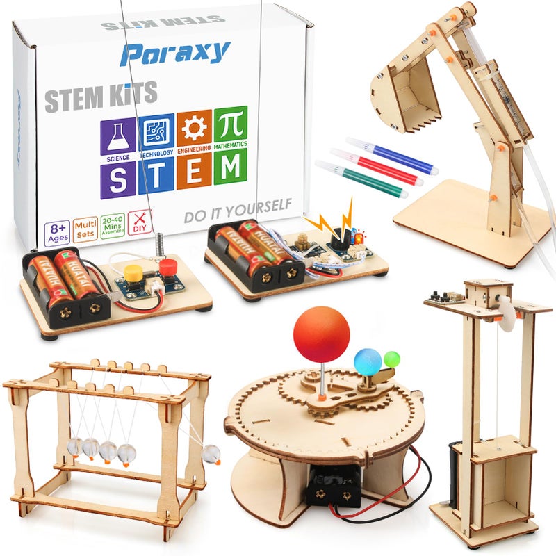 Poraxy 5 Set STEM Science Kits for Kids Age 8-12, Wooden Building STEM Projects 8-10, 3D Puzzles, Experiment Circuits Model, Toys for Ages 8-13, Gifts for Boys and Girls 6 7 8 9 10 11 12 13 Years Old - Image 1
