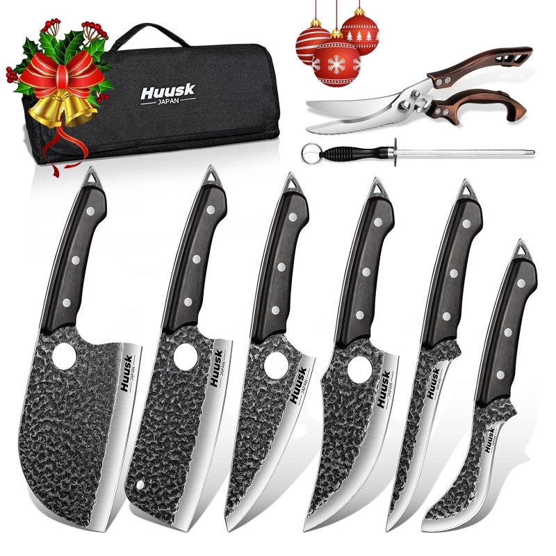 Huusk Serbian Chef Knife Set - 6Pcs Hand Forged Butcher Knife Set for Meat Cutting, Viking Boning Knives with Bag for Kitchen Outdoor BBQ Camping, Birthday Gift Idea Men - Image 2