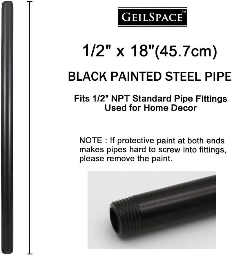 GeilSpace 6 Pack 1/2" × 18" Pre-Cut Black Metal Pipe, Industrial Steel Fits Standard Half Inch Black Threaded Pipes and Fittings - Vintage DIY Industrial Shelving (1/2" × 18") - Image 2