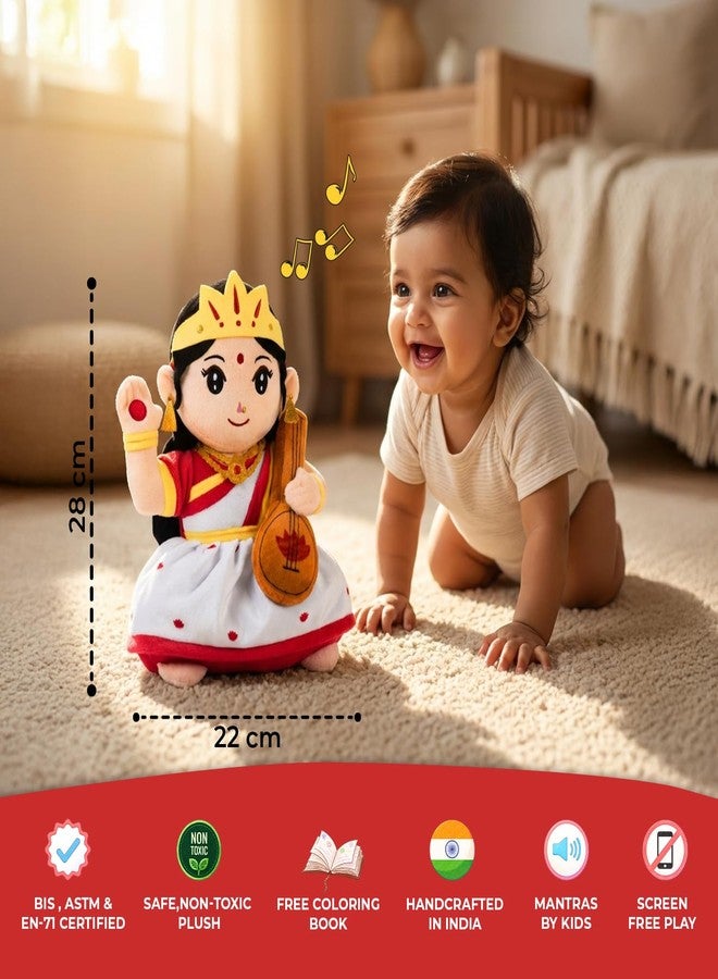 Panda's Box Mantra Chanting Devi Saraswati | As Seen on Shark Tank | Musical Soft Stuffed Plush Toy | Non-Toxic, Safe | Best Birthday Gift for Newborn Kids | Free Colouring Book| Medium 28 CM - Image 2