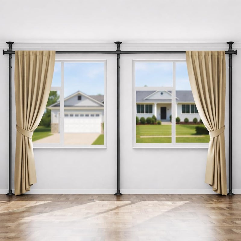 ALLZONE Freestanding Tension Curtain Rods for Windows, Adjustable 31-135 Inch Wide, Renter Friendly Curtain Rods No Drilling, Easy Install & Removable,Fits for Various Window Sizes,63-130 Inch Height - Image 1