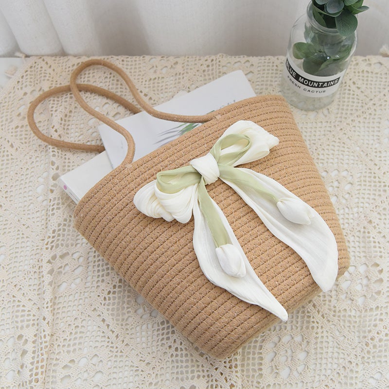 حقيبة كتف قطنية محبوكة يدويًا مع فيونكة - Image 3