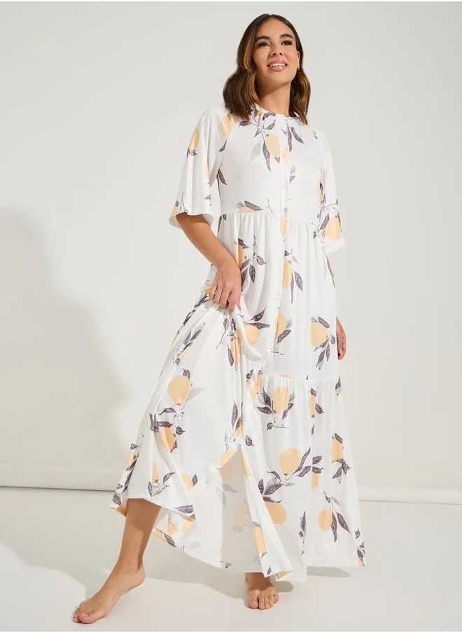 Styli Lemon Print Tiered Flute Sleeve Maxi Night Dress